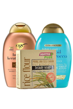 New Ogx Brazilian Keratin tester shampoo for freezy hair 80ml + ,Softto Plus rice flour beauty soap 100gr+New Ogx argan oil of Morocco tester shampoo for damaged hair 80ml