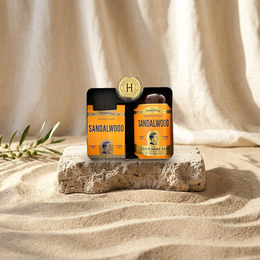 Hopificio Geschenkset Sandelholz Flüssigseife 500 ml & Stückseife 260 g