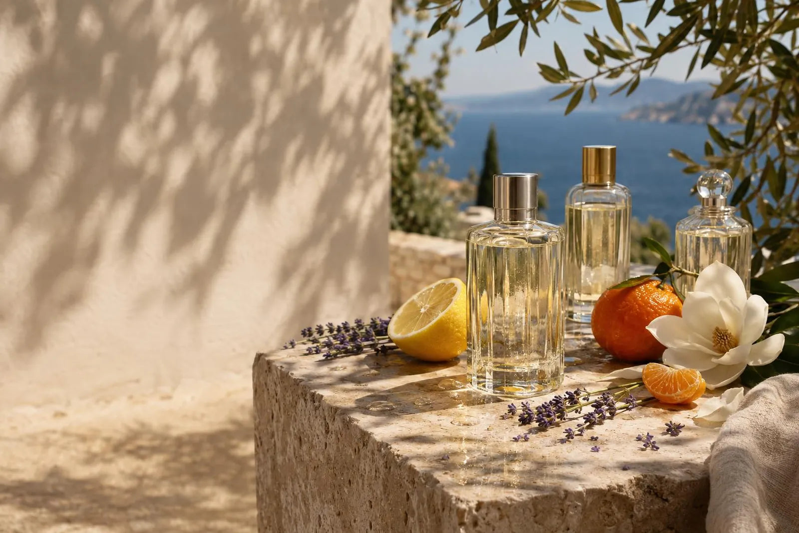 Klare Glasflaschen mit Cologne, dazu Zitrone, Mandarine, Lavendel und eine Magnolienblüte auf einer Travertinplatte