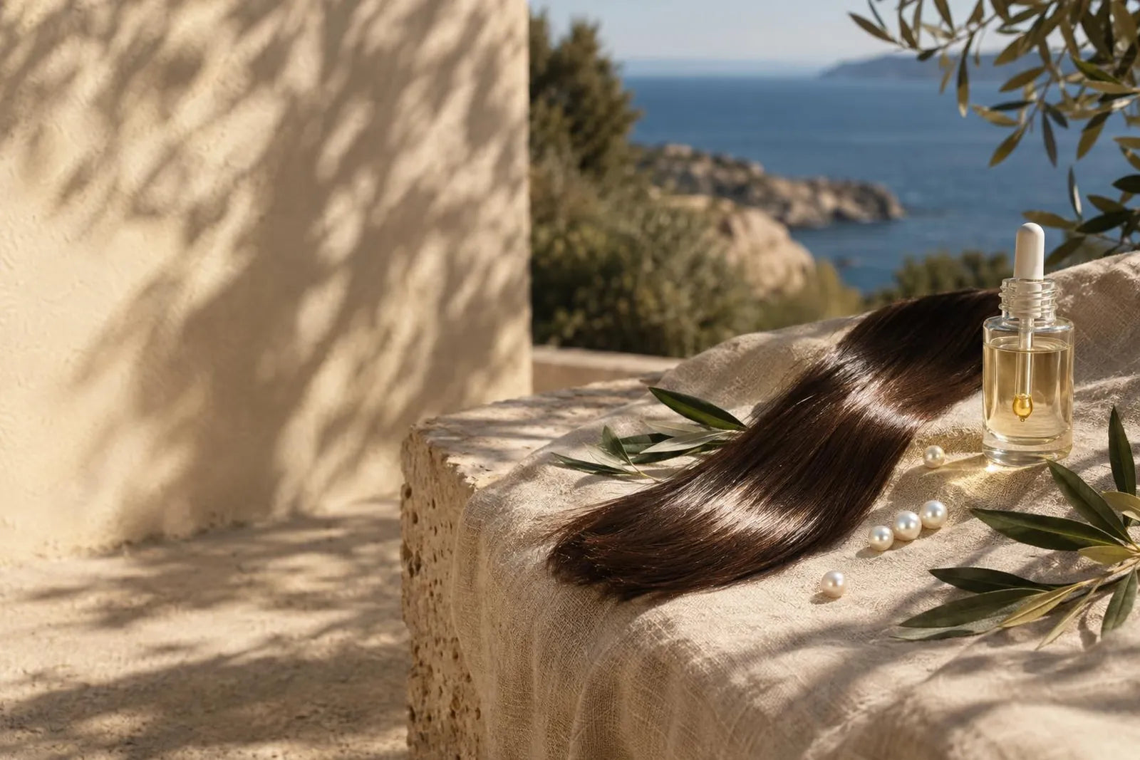 Eine glänzende dunkelbraune Haarsträhne im Sonnenlicht, daneben kleine Perlen und eine Serumflasche mit goldenem Tropfen auf Leinen