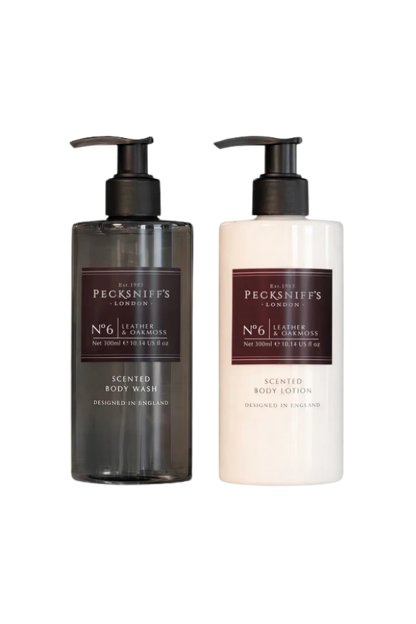 Pecksniff’s London No.6 Leather & Oakmoss Scented Bathing Duo – Body Wash & Body Lotion 300 ml