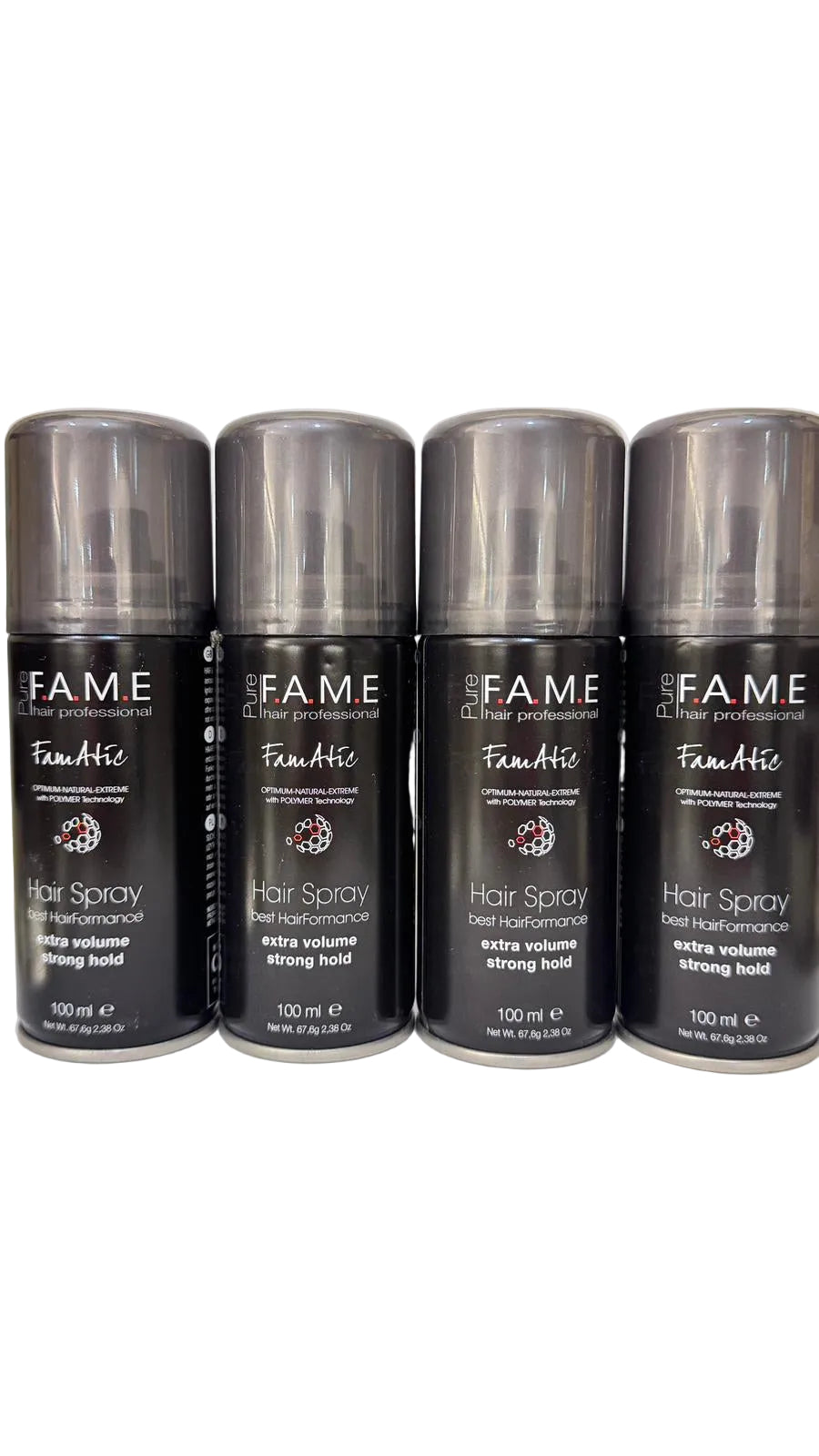 Four bottles of Fame Fanatic hair spray on a white background