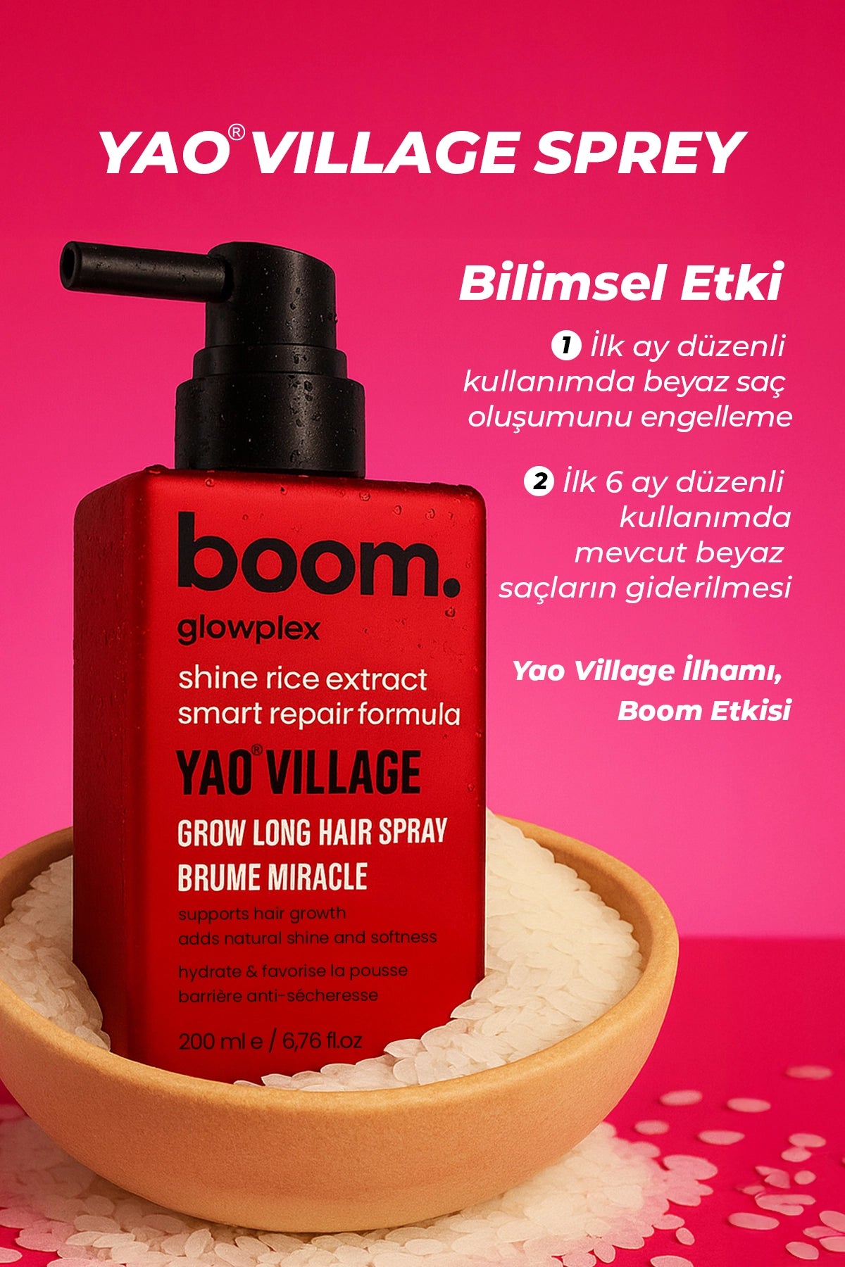 boom. glowplex YAO VILLAGE Shine Rice Extract Grow Long Hair Spraz with Smart Repair Formula 200 ml