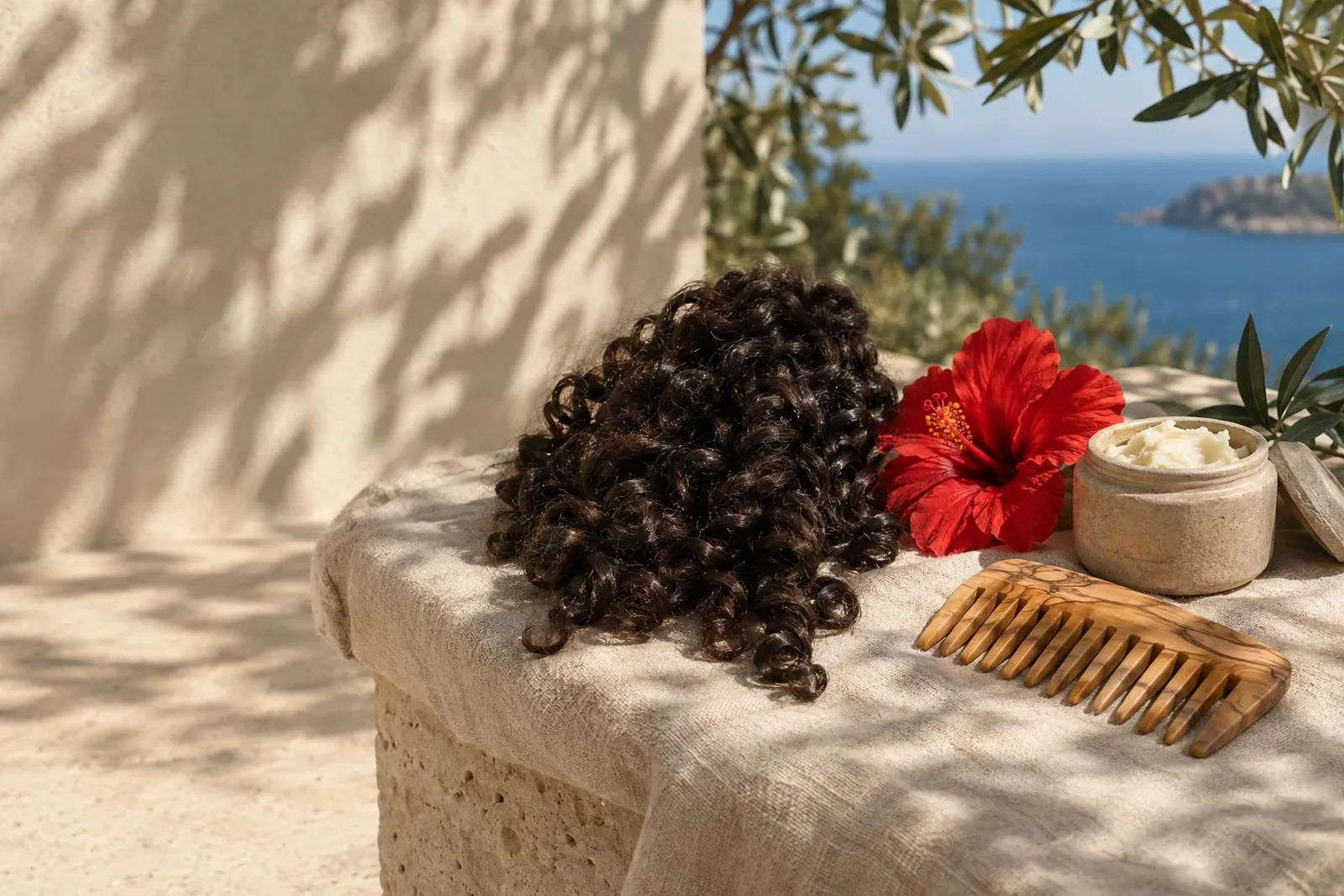 Eine federnde dunkle Locke mit glänzenden Ringeln neben einer roten Hibiskusblüte, Sheabutter und einem Breitzahnkamm