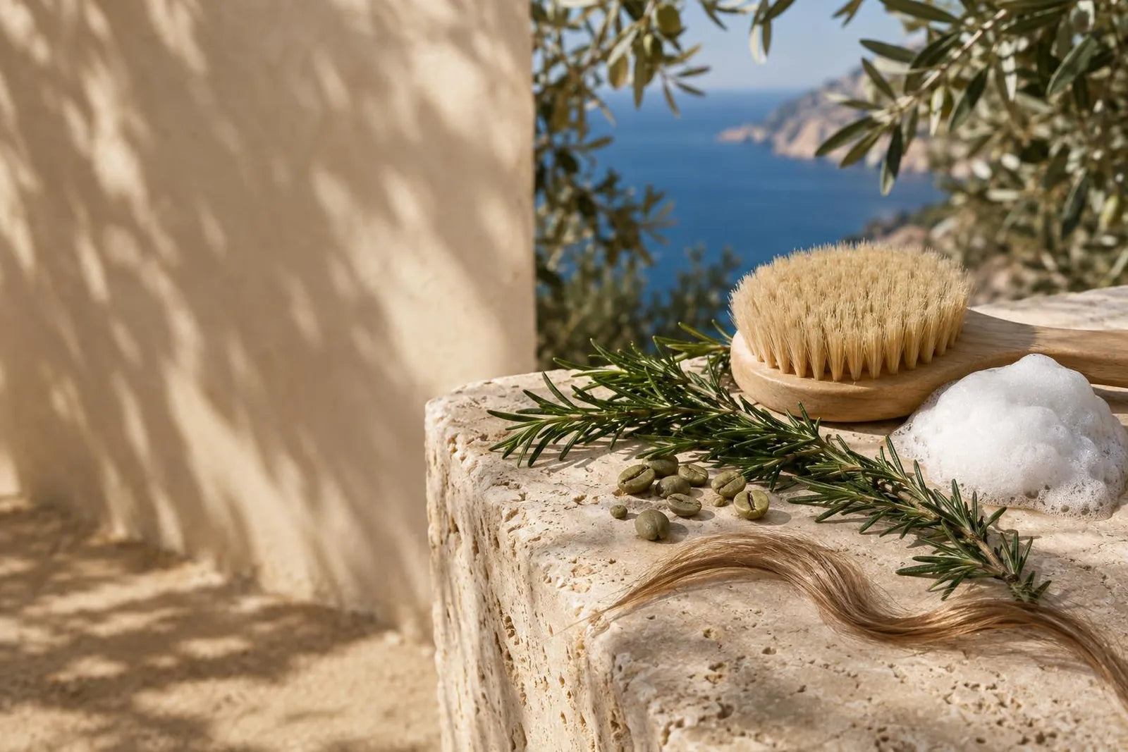 Eine Rundbürste mit Naturborsten, weißer Schaum, Rosmarinzweige und Kaffeebohnen neben einer feinen Haarsträhne auf einer Travertinplatte
